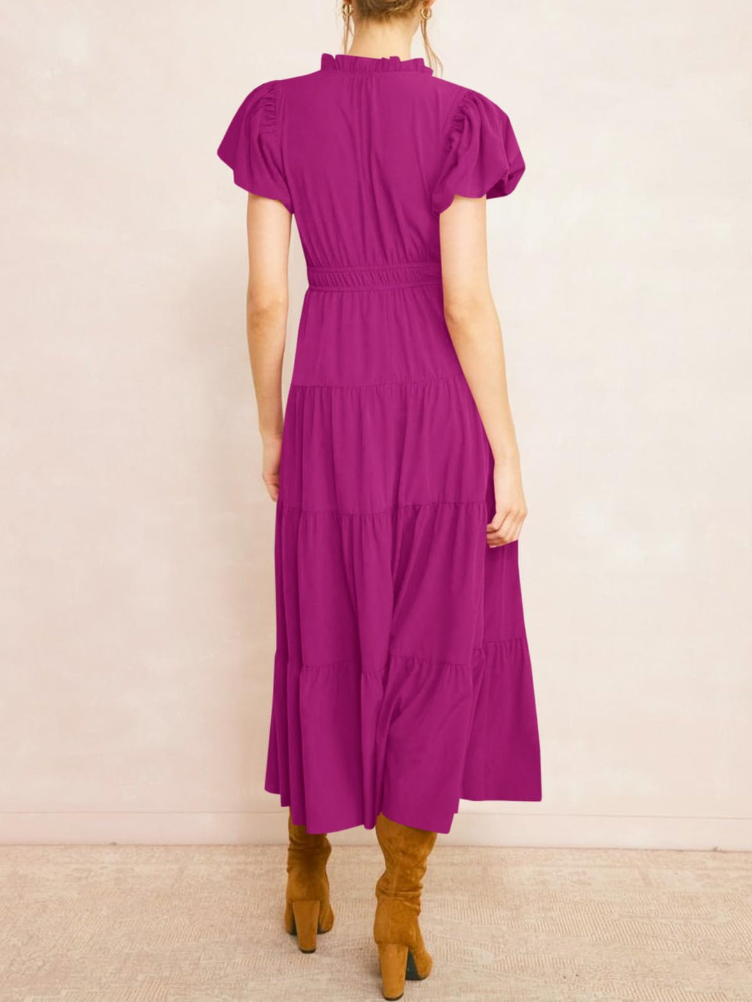 Damen Midikleid mit Puffärmeln &amp; V-Ausschnitt | Gesmokte Taille &amp; stufiger Rock | Fließend, atmungsaktiv, S–XXL