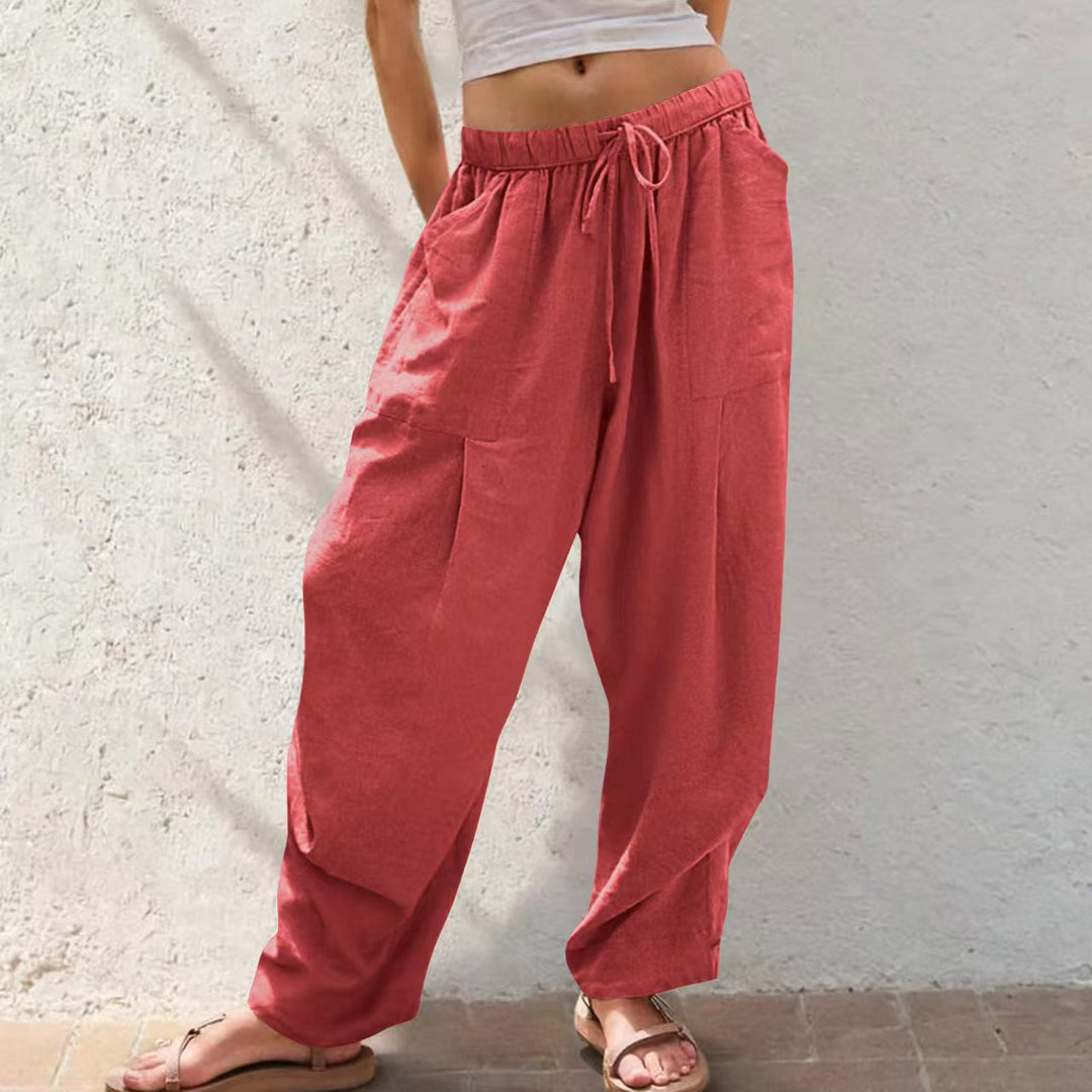Damen Leinenhose mit Kordelzug aus Baumwoll-Leinen | Gerade Loungehose mit Taschen | Lockere Sommerhose für Alltag &amp; Freizeit