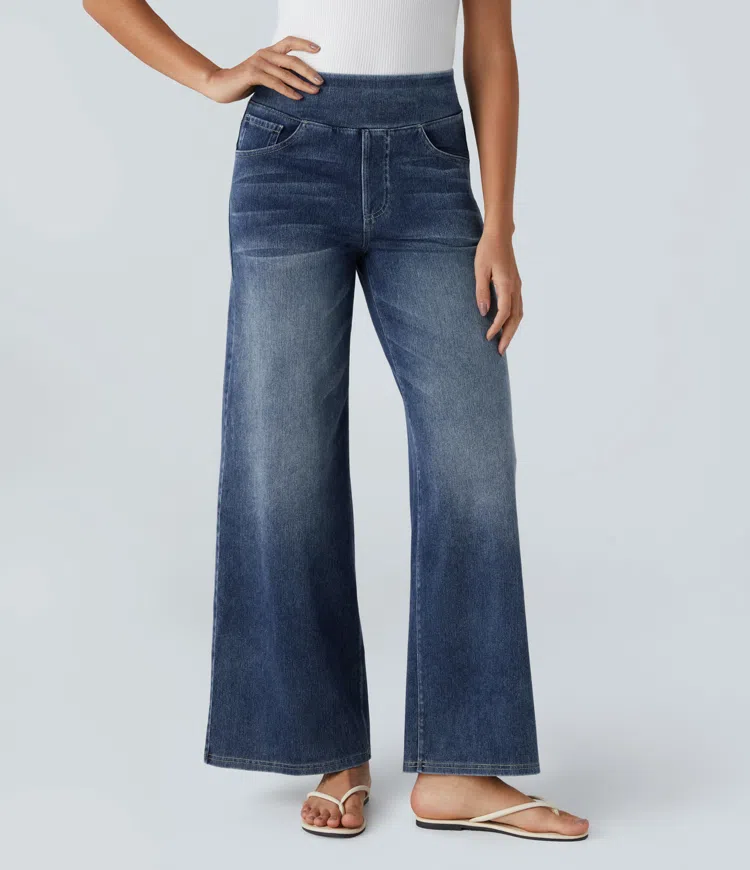 Damen Jeans High Waist Wide Leg | Vier-Wege-Stretch &amp; ohne Reißverschluss | Bequem, formend &amp; mit Taschen, XS–5XL