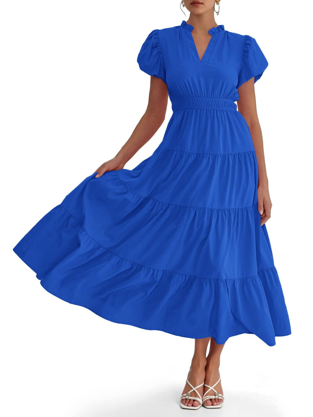 Damen Midikleid mit Puffärmeln &amp; V-Ausschnitt | Gesmokte Taille &amp; stufiger Rock | Fließend, atmungsaktiv, S–XXL