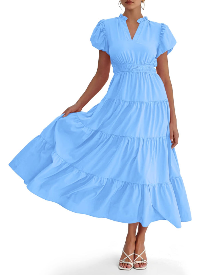 Damen Midikleid mit Puffärmeln &amp; V-Ausschnitt | Gesmokte Taille &amp; stufiger Rock | Fließend, atmungsaktiv, S–XXL
