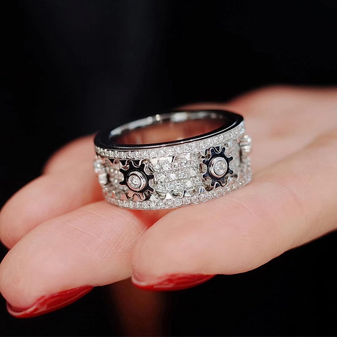 Spinner Ring aus Edelstahl | Anti-Stress-Ring mit 6 Zahnrädern und Zirkonia