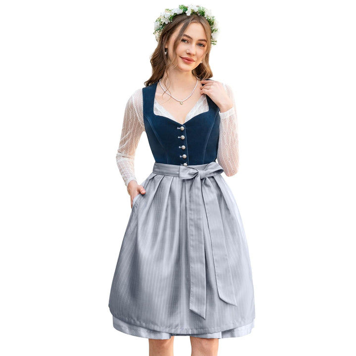 Dirndl Midi Damen | Samtdirndl mit Dirndlschürze für Oktoberfest, Volksfest und festliche Anlässe