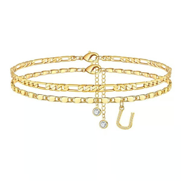 Chaîne de cheville lettres multicouches et réglable | Hypoallergénique, sans nickel ni plomb | Or/argent | 21,5 cm + 5 cm
