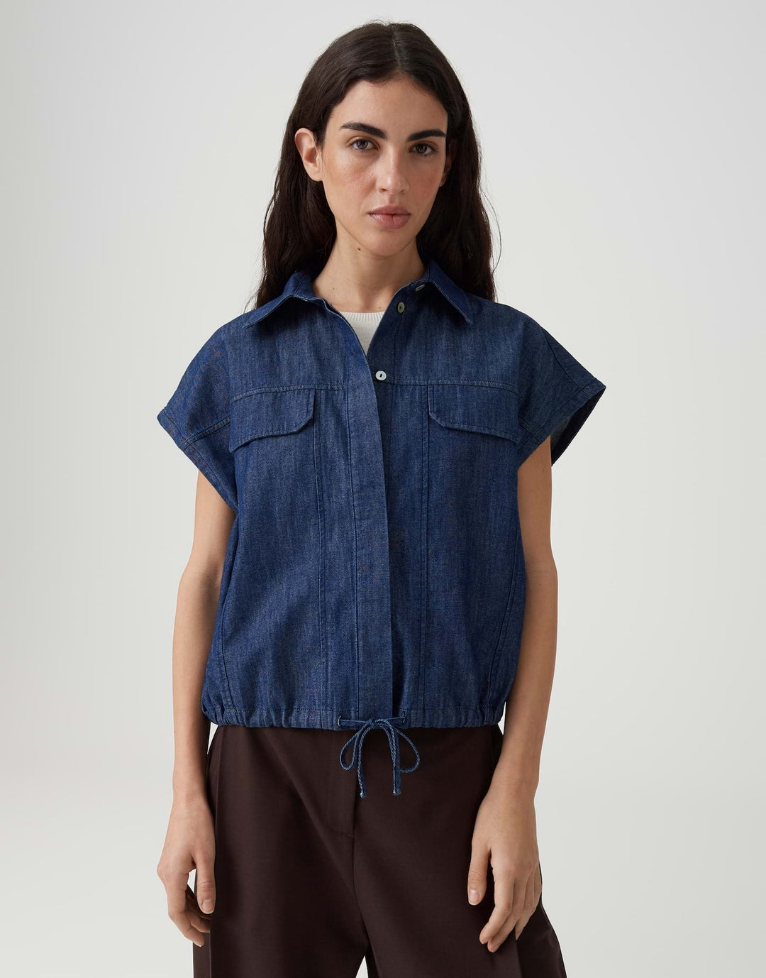 Damen Bluse | Locker geschnittene Bluse mit Hemdblusenkragen, Kurzarm und Tunnelzug