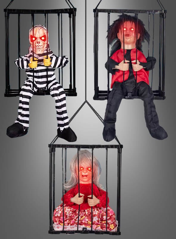 Animierte Halloween Figur im Käfig 27 cm | Mit Bewegung, Sound und Sensor | Batteriebetriebene Horror Deko zum Aufhängen