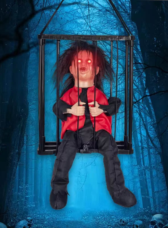 Animierte Halloween Figur im Käfig 27 cm | Mit Bewegung, Sound und Sensor | Batteriebetriebene Horror Deko zum Aufhängen