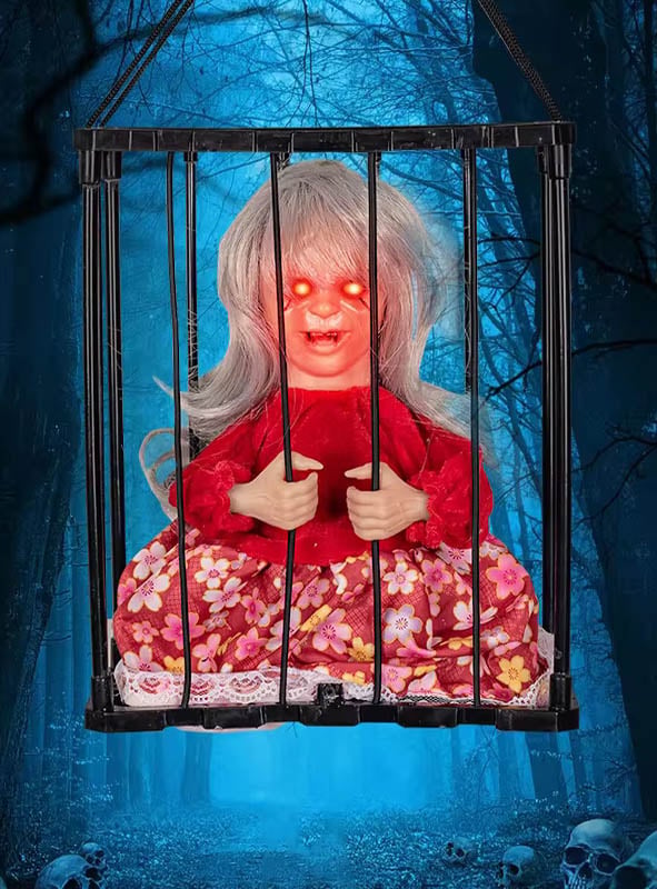 Animierte Halloween Figur im Käfig 27 cm | Mit Bewegung, Sound und Sensor | Batteriebetriebene Horror Deko zum Aufhängen