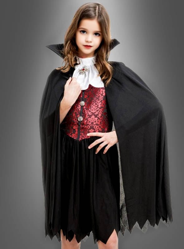 Vampir Kostüm Mädchen | Vampirin Kleid mit Umhang, Stehkragen und Jabot für Halloween, Karneval und Mottopartys