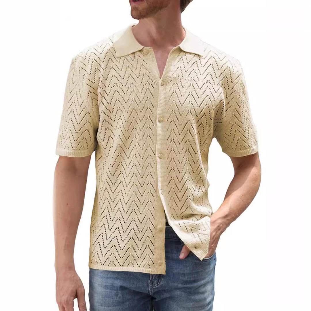 Herren Sommer Shirt Kurzarm Polyester mit Hohlmuster | Lockerer Freizeit-Look | Atmungsaktives Hemd für Urlaub und Alltag