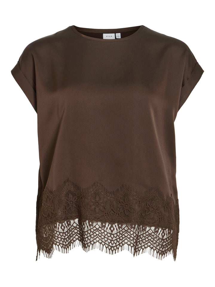 Damen Bluse | Kurzarmbluse mit Rundhalsausschnitt, Spitzensaum und weich fallender Optik