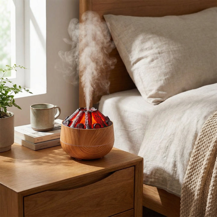 Aroma-Diffusor mit Flammeneffekt | 130-ml-Wassertank, USB-Betrieb, feiner Duftnebel und kompakte Holzoptik