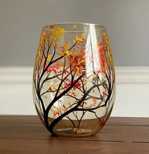 Handbemalte Weingläser 4er-Set | Weingläser mit Vier-Jahreszeiten-Baummotiven | 350 ml &amp; spülmaschinenfest