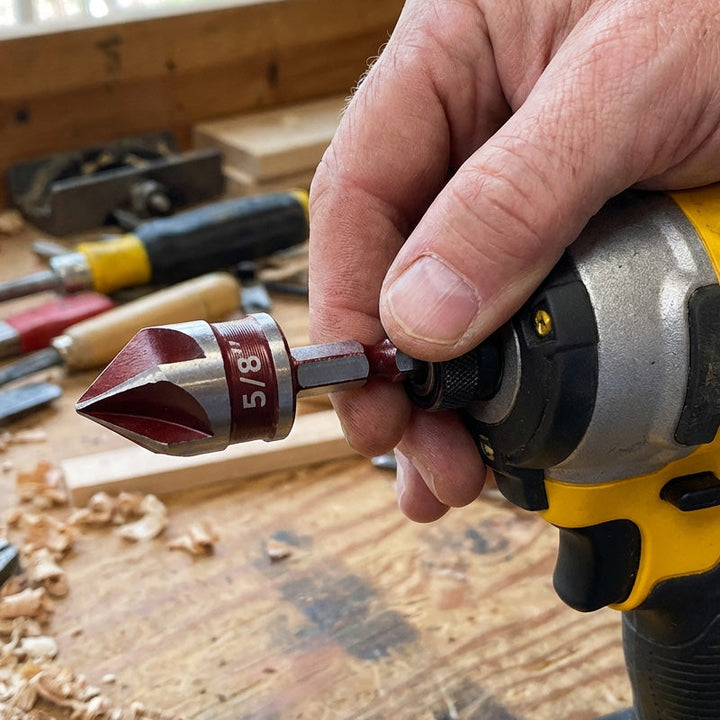 Countersink drill bit set with hex shank | Clean, splinter-free holes &amp; smooth edges | 5 flutes for chip removal | Carbon steel | 3- or 5-piece