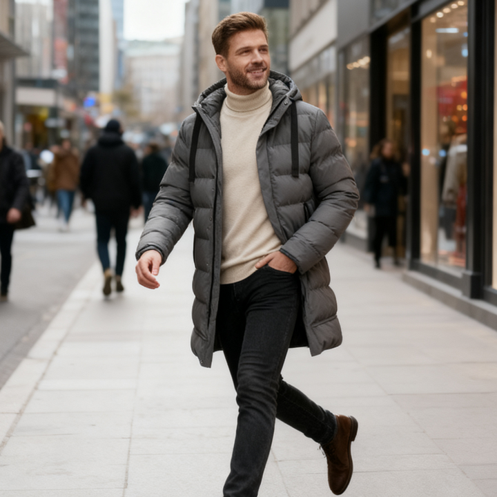 Winter Steppjacke Herren | Winddicht mit Kapuze &amp; verlängerter Passform für kalte Tage