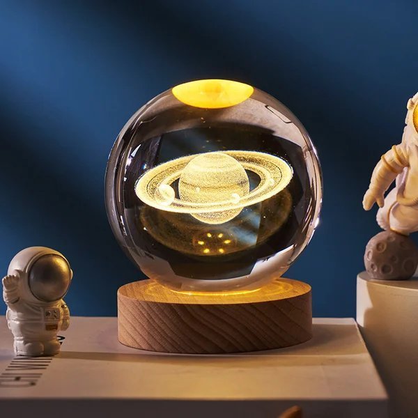 Boule de cristal 3D système solaire | Gravure laser | Option avec base lumineuse LED et boîte cadeau