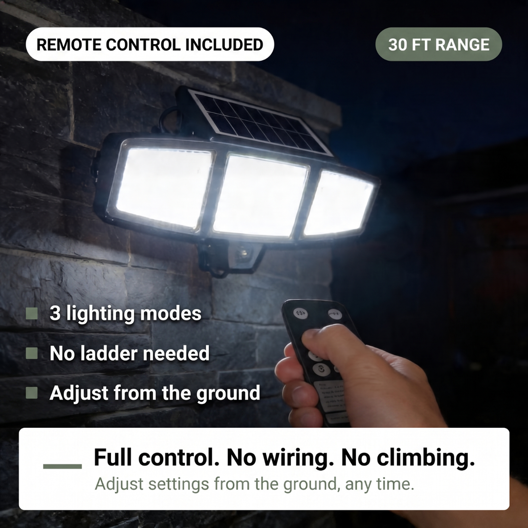 Solar-Außenleuchte mit Bewegungsmelder 270° | 3 Verstellbare LED-Köpfe | Fernbedienung &amp; IP65 Wasserdicht