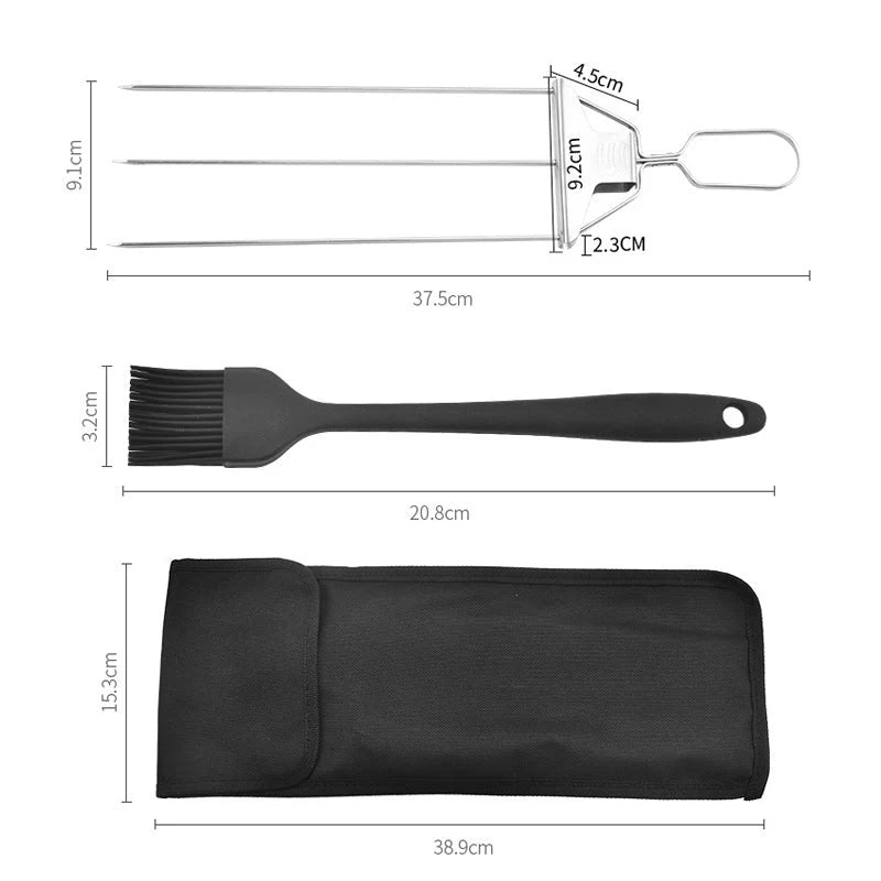 Edelstahl Grillspieße mit 9 Zinken – BlazeTrio für gleichmäßiges Garen von Fleisch, Fisch &amp; Gemüse | Spülmaschinenfest | inkl. Oxford-Tasche