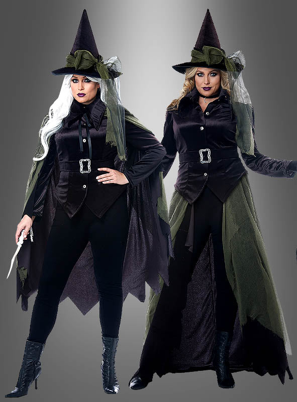 Hexenkostüm Damen XXL | Wandelkostüm mit Samtjacke, Cape oder Überrock und Hexenhut für Halloween und Walpurgisnacht