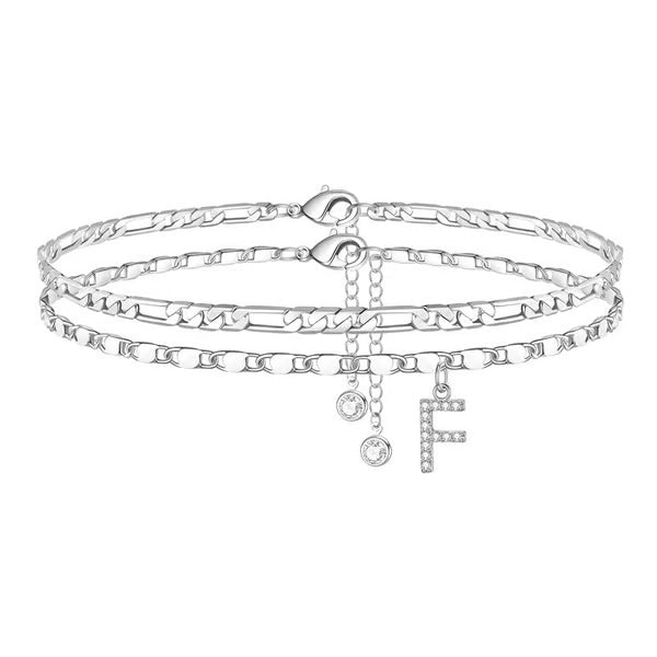 Chaîne de cheville lettres multicouches et réglable | Hypoallergénique, sans nickel ni plomb | Or/argent | 21,5 cm + 5 cm