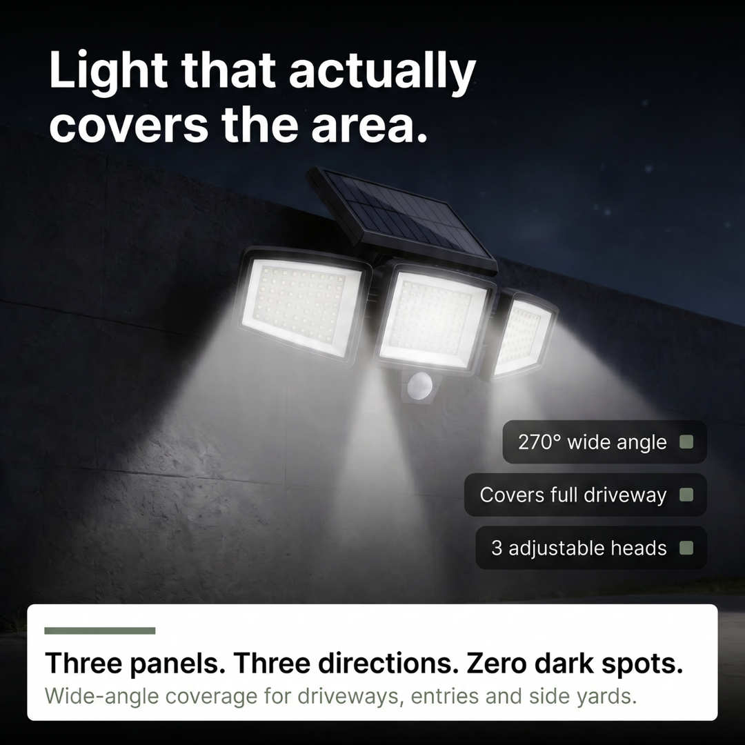 Solar-Außenleuchte mit Bewegungsmelder 270° | 3 Verstellbare LED-Köpfe | Fernbedienung &amp; IP65 Wasserdicht