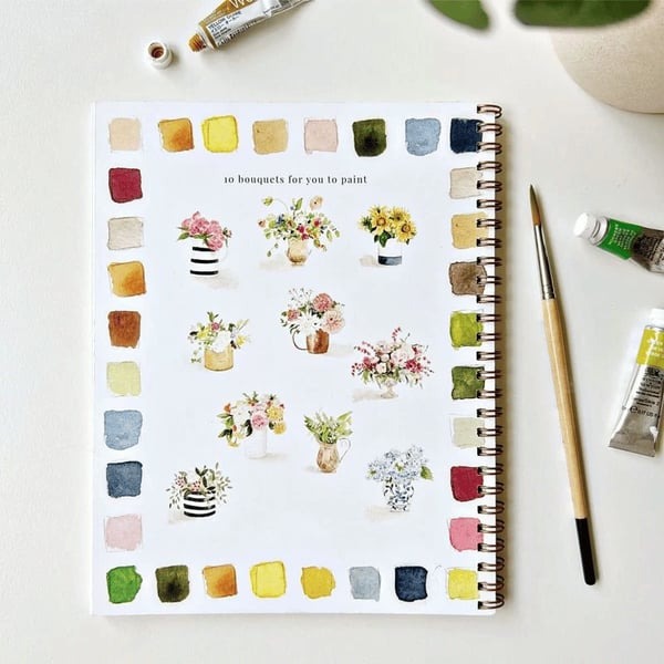 Cahier de travail aquarelle pour débutants | 12 motifs avec guide étape par étape | Papier 120 lb, 6,5"×9", mélange et peinture