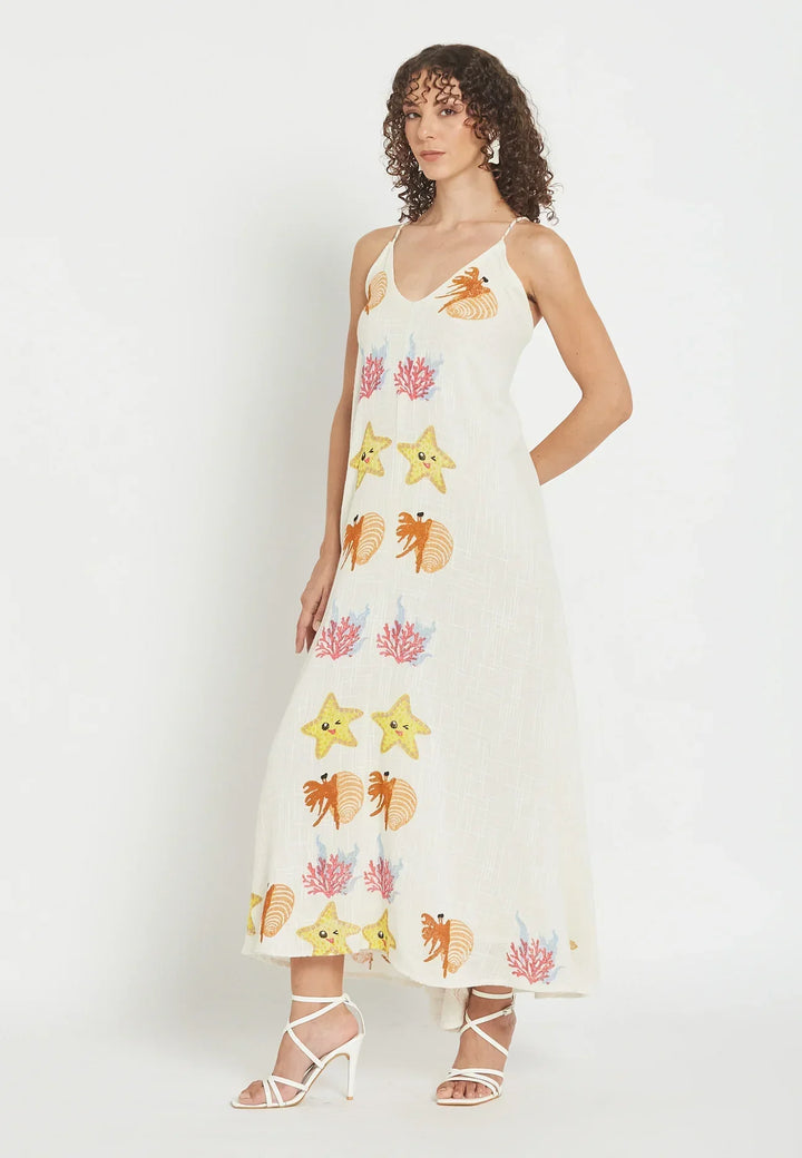 Damen Maxikleid mit Meeresstickerei | Coral Coast Sommerkleid | Leichtes Strandkleid | Luftig &amp; Fließend