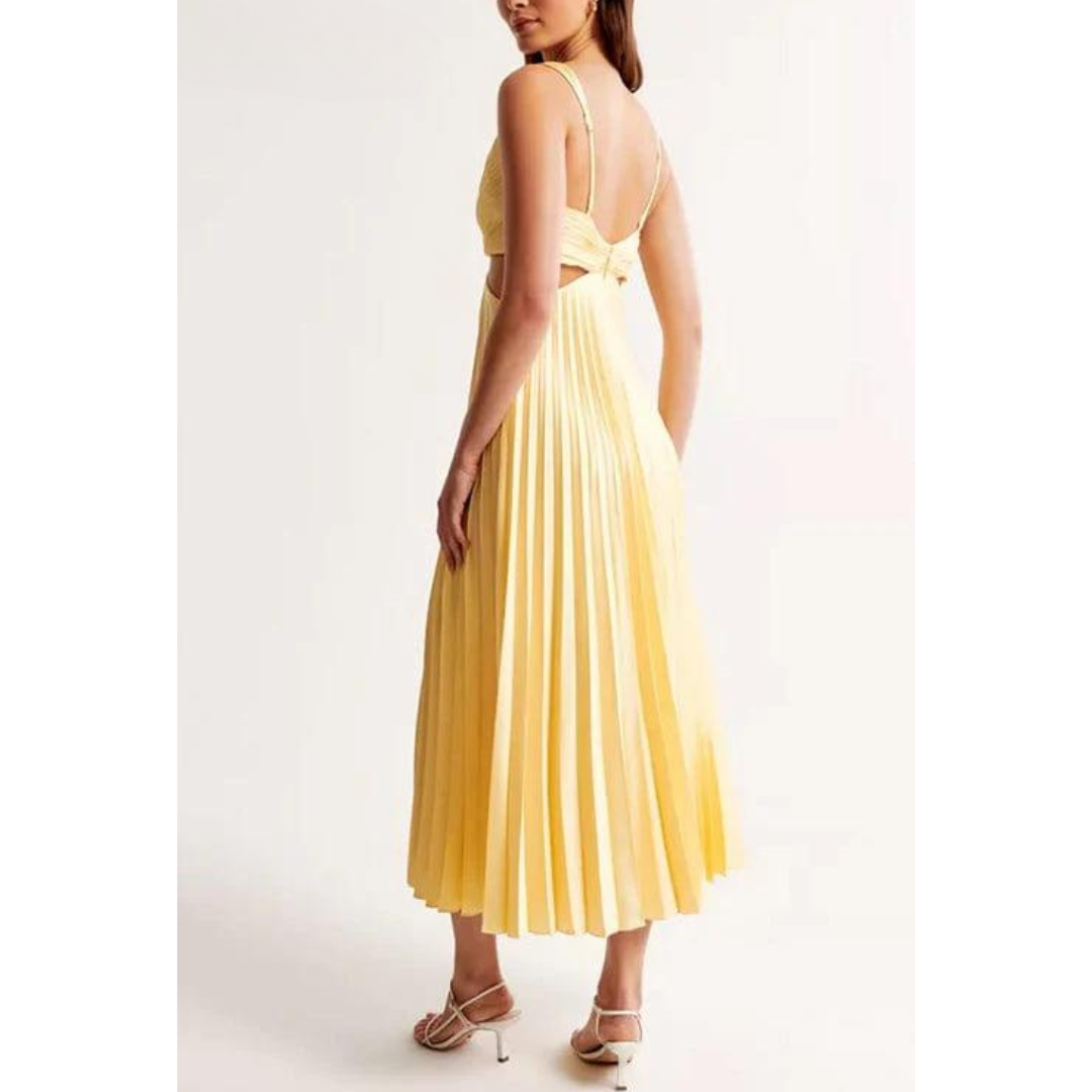 Pleated Midi Dress with V-neck &amp; Waist Cutouts | Sleeveless, Regular Fit | Elegant Dress for Events &amp; Evenings
