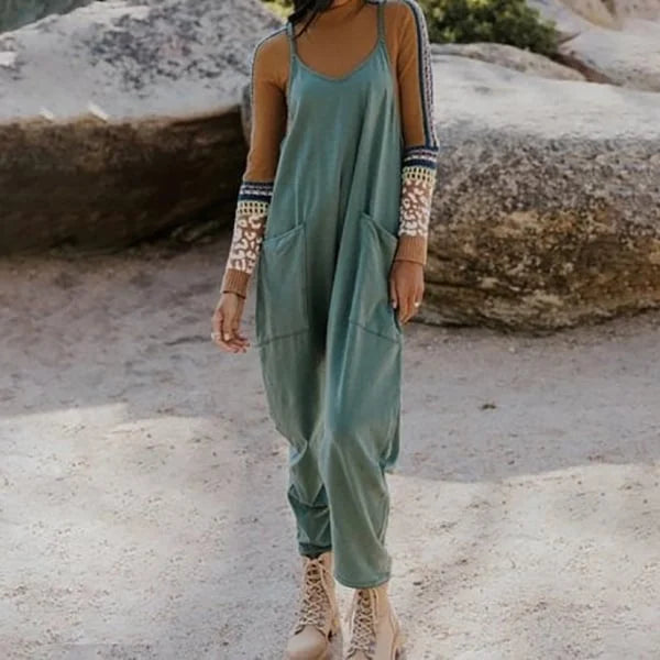 Damen Jumpsuit V-Ausschnitt mit Taschen | Lockerer, leichter Overall einfarbig | Alltag, Urlaub &amp; City | Gr. S–4XL