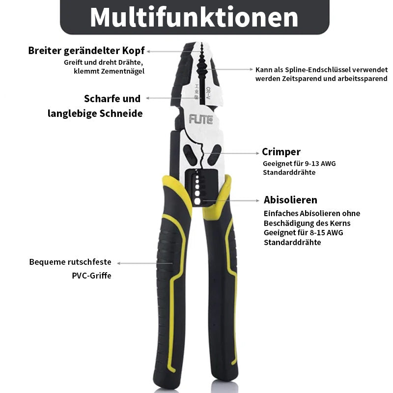 4-in-1 Elektrikerzange aus Chrom-Vanadium-Stahl | Abisolier-, Crimp- &amp; Schneidwerkzeug | Multifunktionszange 225 mm