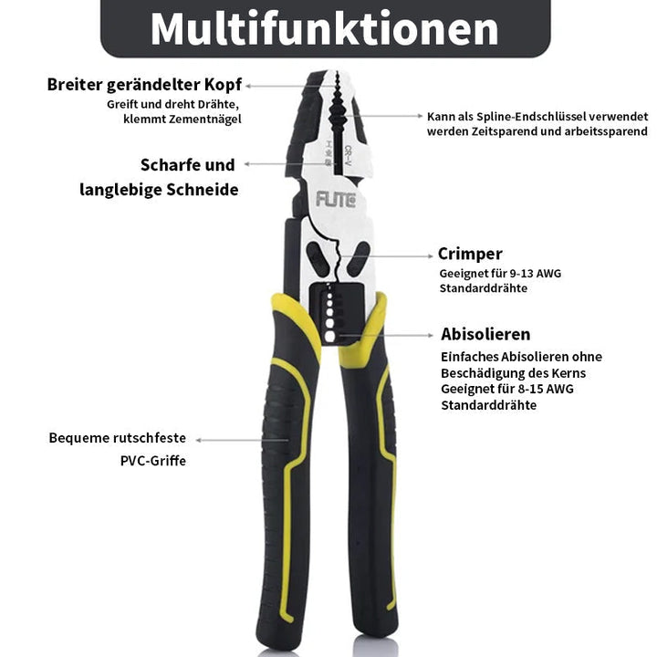 4-in-1 Elektrikerzange aus Chrom-Vanadium-Stahl | Abisolier-, Crimp- &amp; Schneidwerkzeug | Multifunktionszange 225 mm