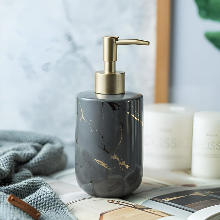 Distributeur de savon de luxe en céramique | Aspect marbre &amp; accents dorés | 400 ml, élégant pour salle de bain &amp; cuisine