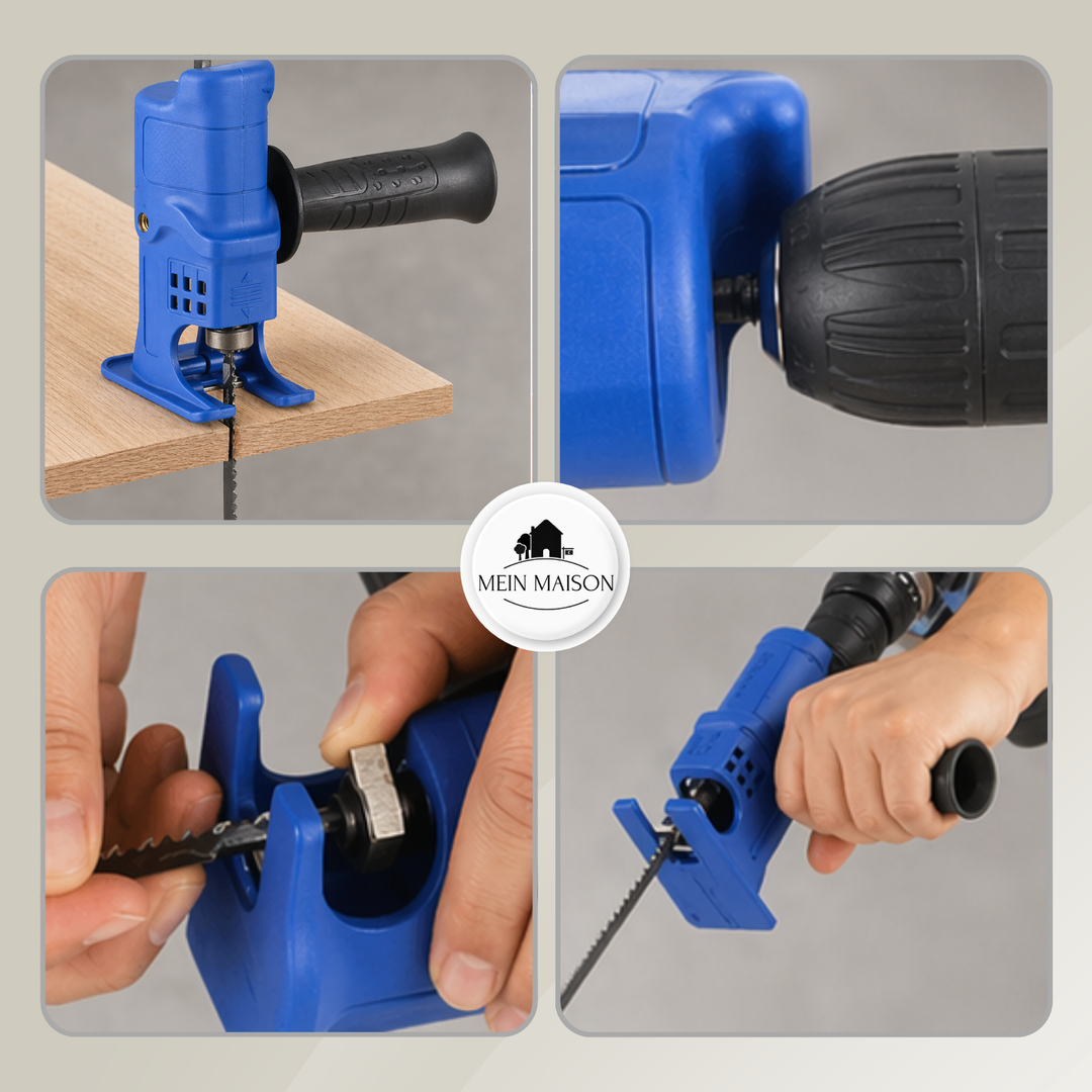 Drill saw adapter with handle | For cutting wood &amp; metal | 3 saw blade set, quick assembly, precise cuts