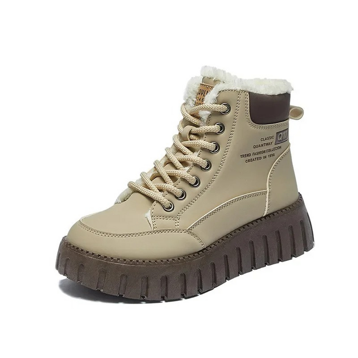 Damen Winterstiefel mit dickem Fellfutter | Warme Schnürstiefel mit rutschfester Profilsohle in Schwarz und Khaki für kalte Tage