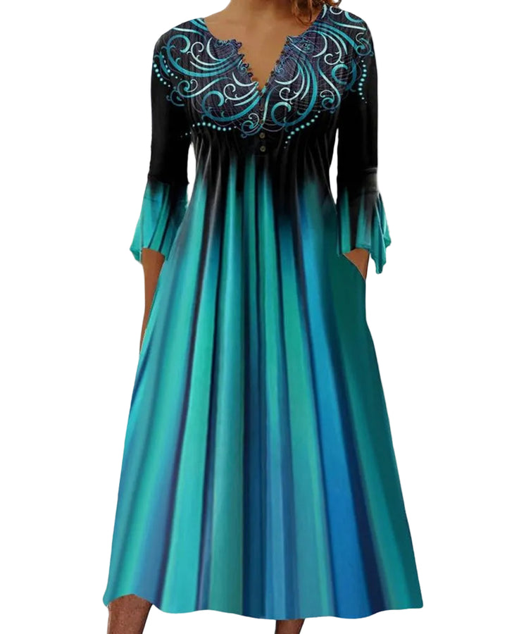 Damen Midi-Kleid mit Farbverlauf &amp; 3/4-Ärmeln | Schmeichelnde Passform | Elegant &amp; vielseitig für Alltag &amp; Anlass