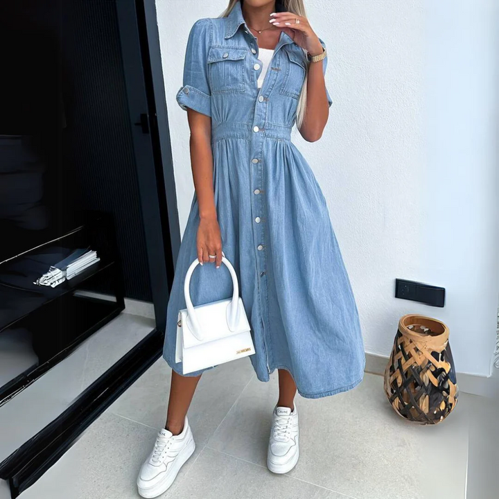 Abito midi in jeans da donna | chiusura con bottoni frontali | tessuto morbido con comfort traspirante