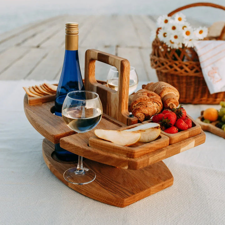 Table en bois pour pique-nique &amp; vin | Place pour bouteille, 2 verres &amp; snacks | Bois massif avec poignée | compact pour emporter