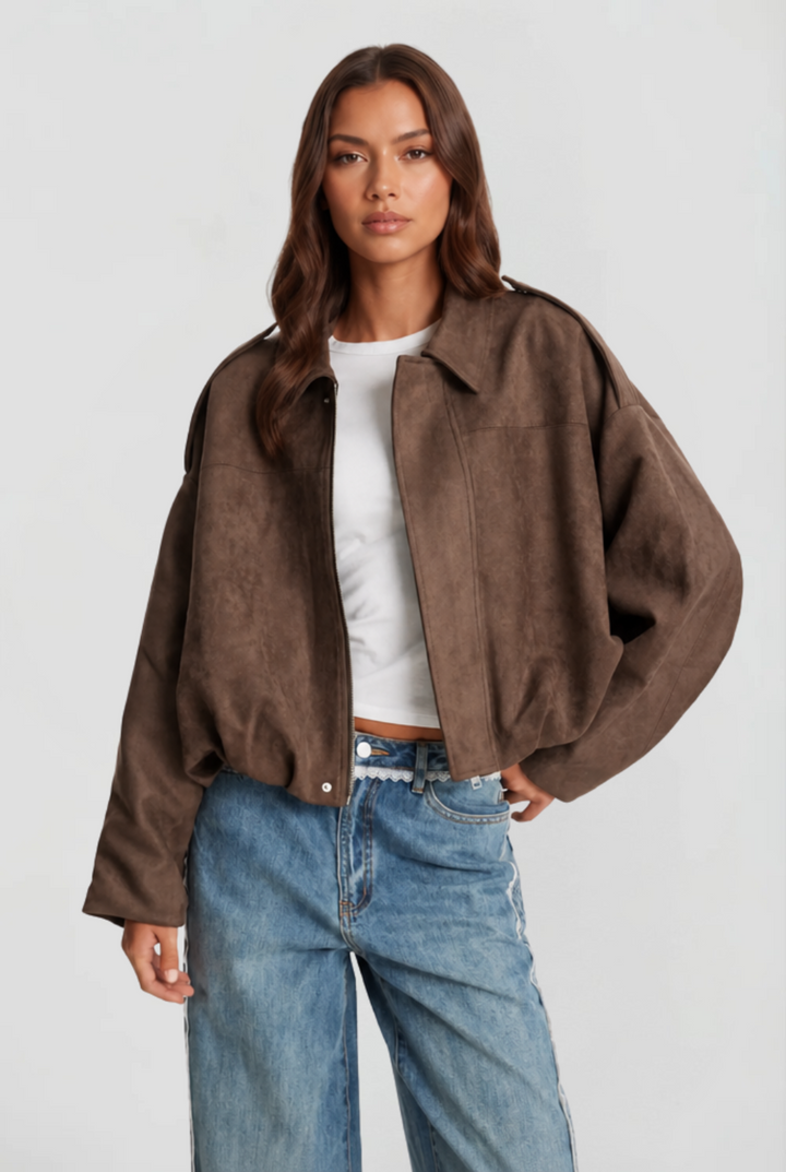 Damen kurze Oversize-Jacke mit Umlegekragen | Kastige Jacke mit Reißverschluss, weiten Ärmeln und matt gebürsteter Oberfläche