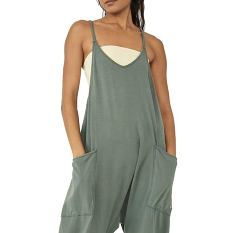 Damen Jumpsuit V-Ausschnitt mit Taschen | Lockerer, leichter Overall einfarbig | Alltag, Urlaub &amp; City | Gr. S–4XL