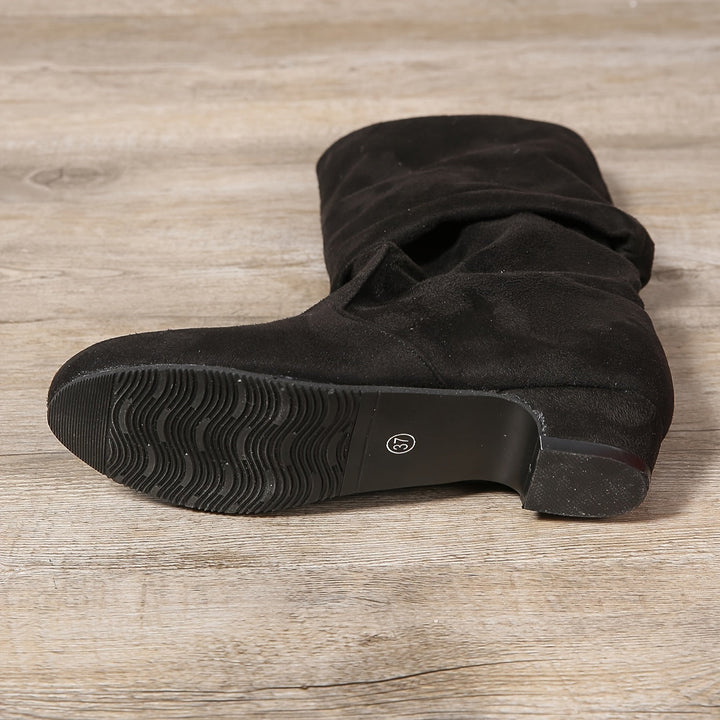Damen Overknee Stiefel mit Blockabsatz | Hohe Schlupfstiefel mit rundem Zehenbereich und überkniehohem Schaft