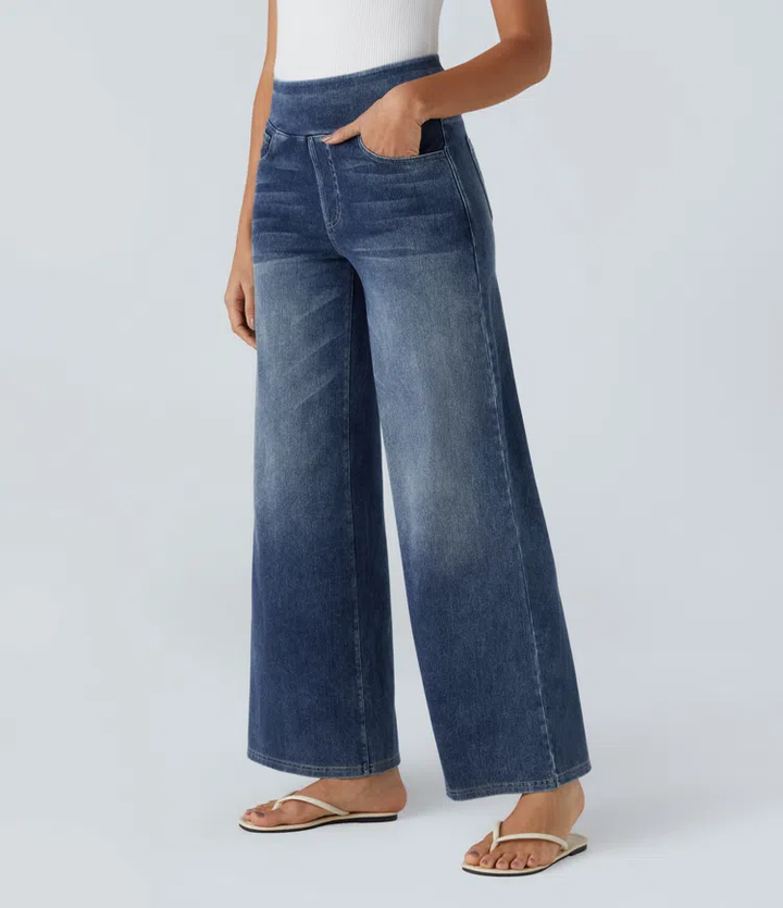 Damen Jeans High Waist Wide Leg | Vier-Wege-Stretch &amp; ohne Reißverschluss | Bequem, formend &amp; mit Taschen, XS–5XL