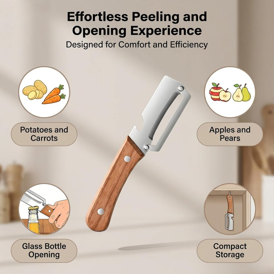 Obst- und Gemüseschäler | 2-in-1 Edelstahlschäler mit breiter Klinge, ergonomischem Holzgriff und Flaschenöffner