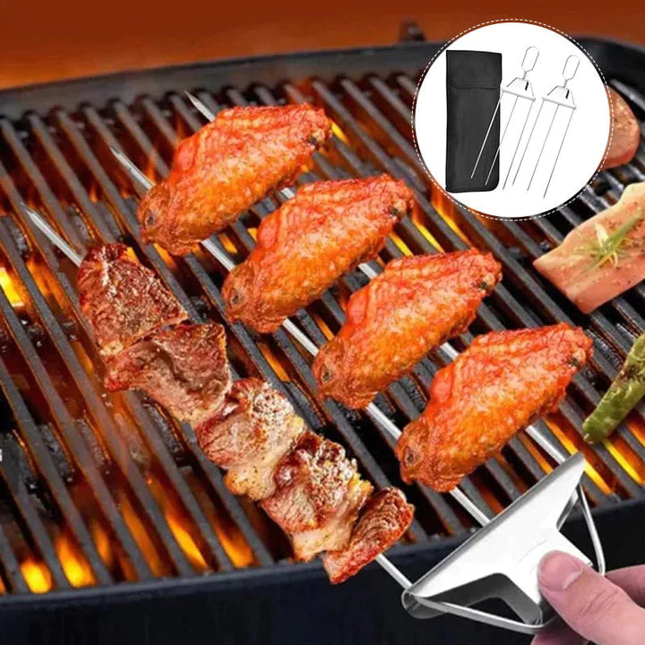 Edelstahl Grillspieße mit 9 Zinken – BlazeTrio für gleichmäßiges Garen von Fleisch, Fisch &amp; Gemüse | Spülmaschinenfest | inkl. Oxford-Tasche