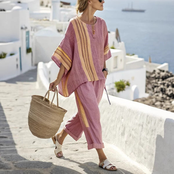 Damen 2-teiliges Sommer Set mit Fledermausärmeln | Lockeres Shirt &amp; Gerade Hose | Lässiger Freizeit Look