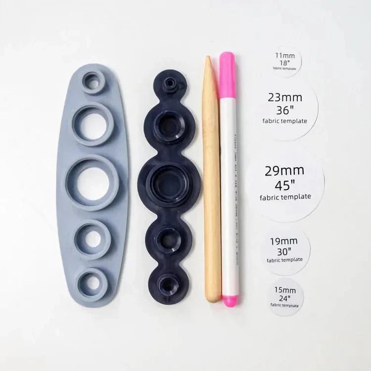 Set per creare bottoni in tessuto con un tocco | Bottoni auto-adesivi in 5 misure (11–29 mm) | Include modelli per tessuto | Crea bottoni velocemente senza pressa