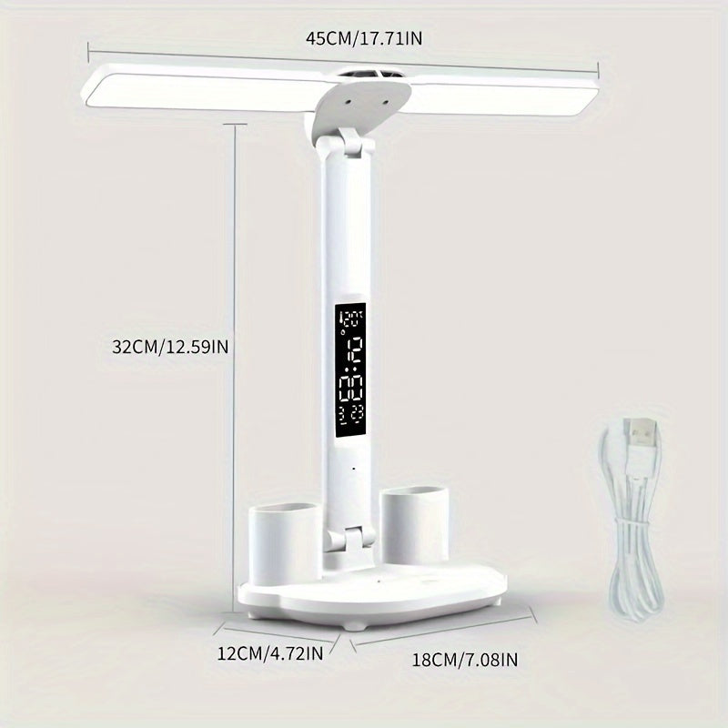 LED Schreibtischlampe dimmbar mit 2 verstellbaren Köpfen | Tischleuchte mit Touch-Bedienung, Digitalanzeige und USB-Anschluss