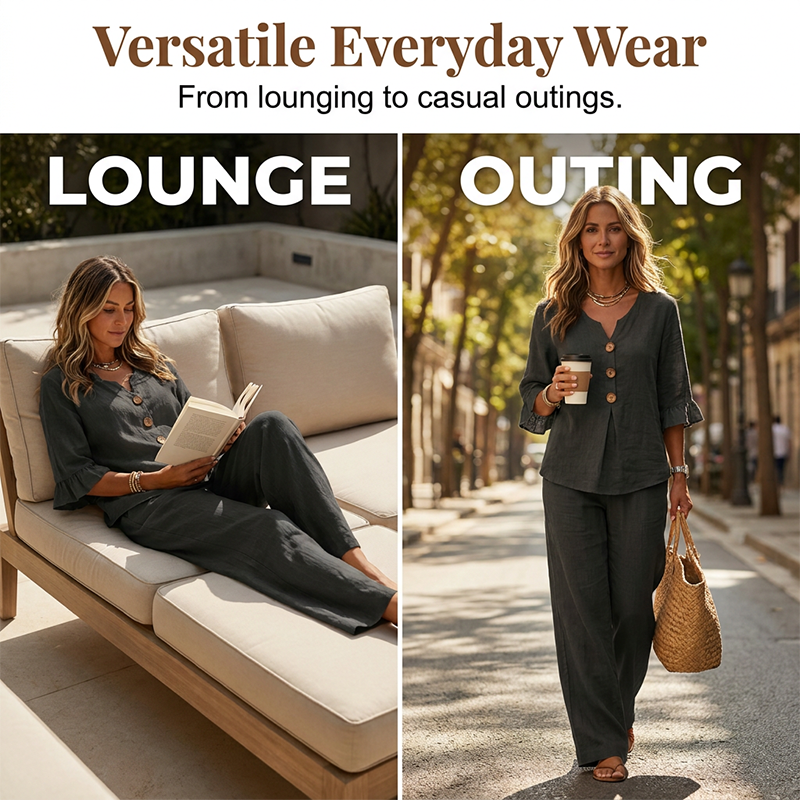 Damen-Loungeset | Zweiteiliges Set aus Baumwollmischung mit Rüschenärmeln und weiter Hose für Freizeit und Alltag
