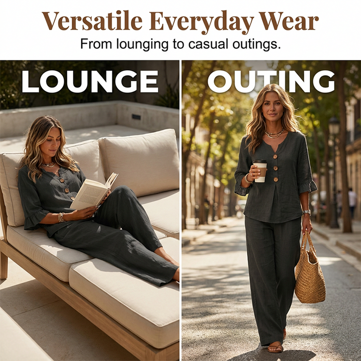 Damen-Loungeset | Zweiteiliges Set aus Baumwollmischung mit Rüschenärmeln und weiter Hose für Freizeit und Alltag