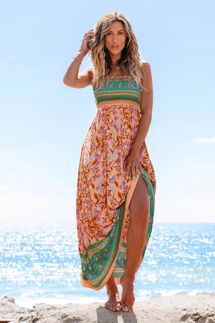 Maxikleid mit Frühlingsblütenmuster | gesmoktes Bustier elastisch &amp; bequem | quadratischer Ausschnitt, ärmellos | 100% Viskose