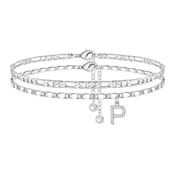 Chaîne de cheville lettres multicouches et réglable | Hypoallergénique, sans nickel ni plomb | Or/argent | 21,5 cm + 5 cm